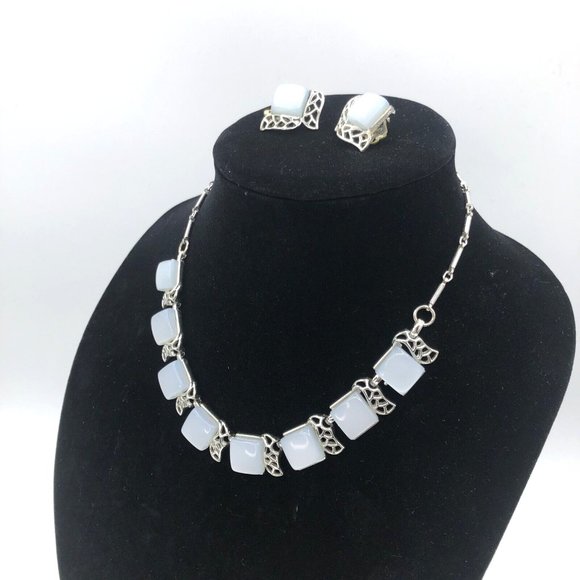Vintage CORO Necklace Blue Square Lucite Moonglow Necklace and Clip Earrings - Picture 8 of 8